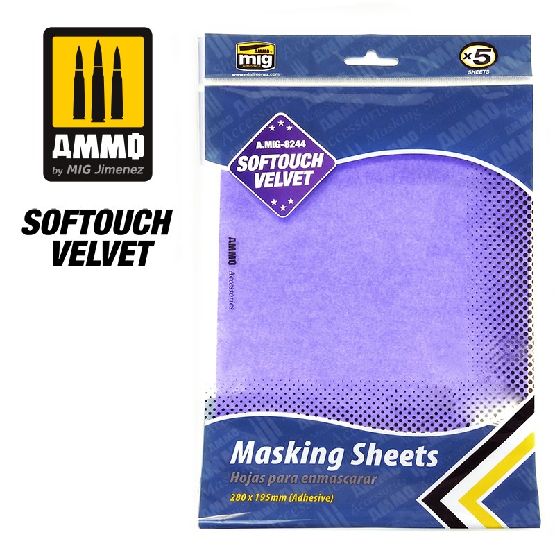Ammo Mig Jimenez Softouch Velvet Masking Sheets (x5 sheets, 280mm x 195mm, adhesive)