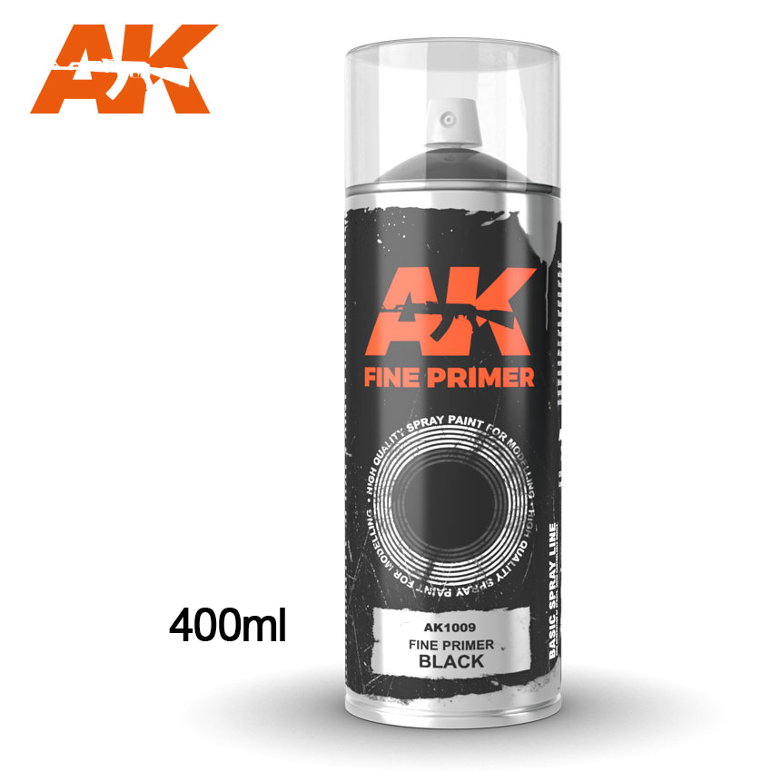 AK Interactive Fine Primer Black - Spray 400ml (Includes 2 nozzles)