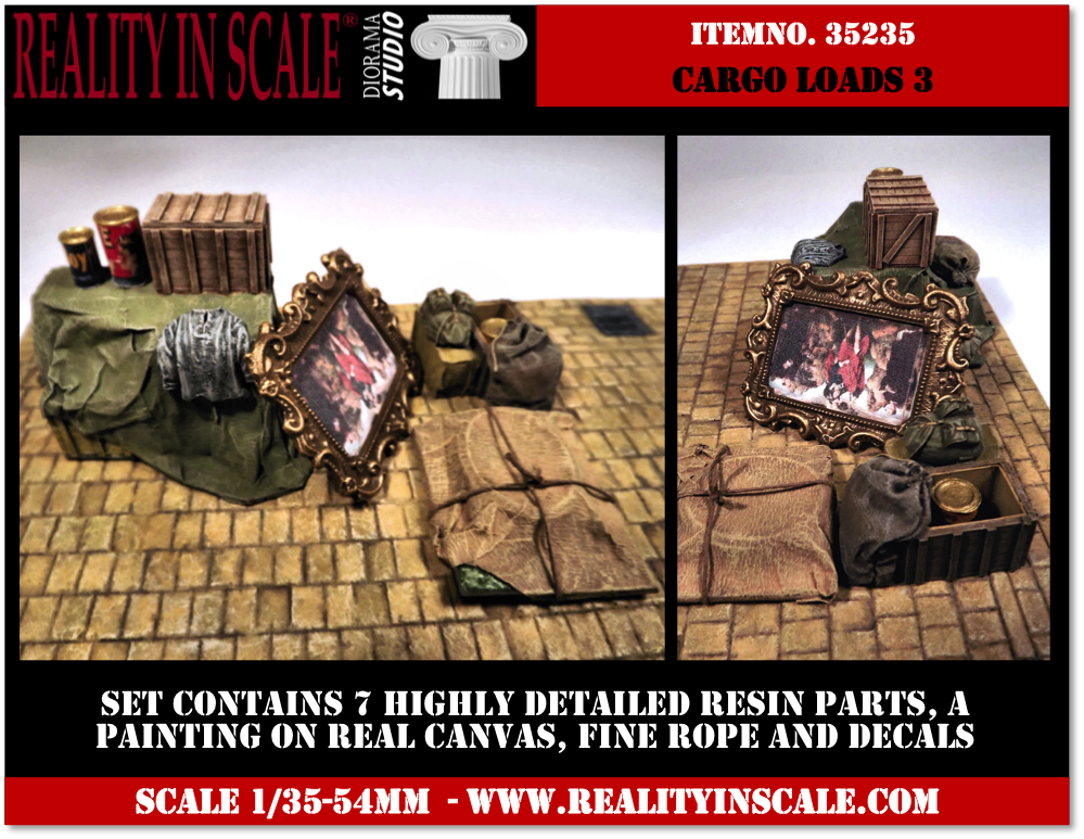 Reality in Scale Cargo Loads Set 3 - 7 resin pcs. decals, fine rope & painting on real canva