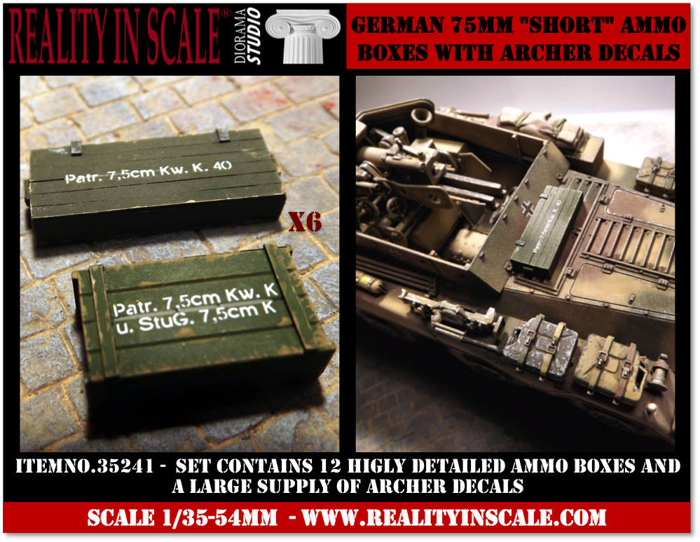 Reality in Scale German 75mm Short ammo boxes - 12 resin pieces and Archer decals