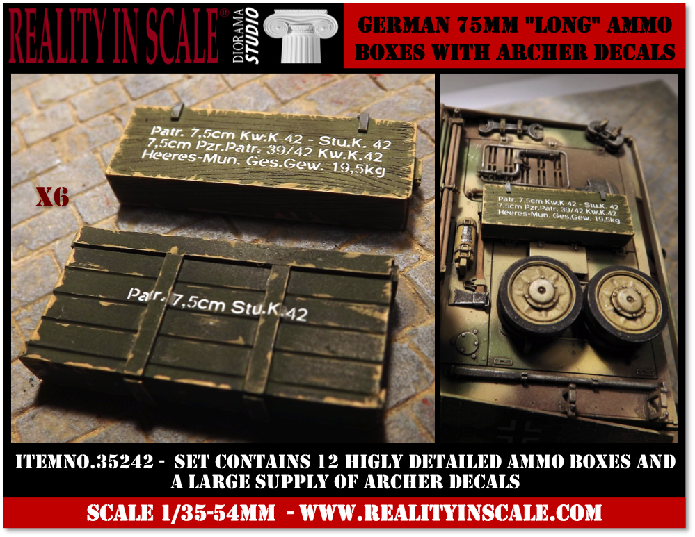 Reality in Scale German 75mm Long ammo boxes - 12 resin pieces and Archer decals