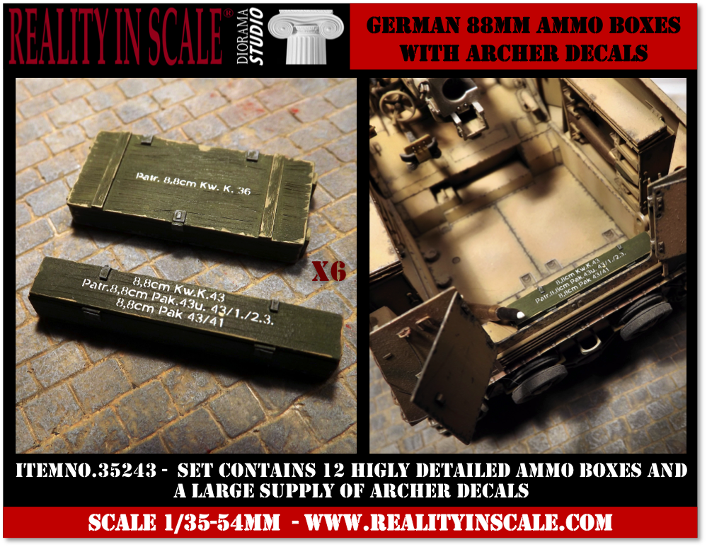 Reality in Scale German 88mm ammo boxes - 12 resin pieces and Archer decals