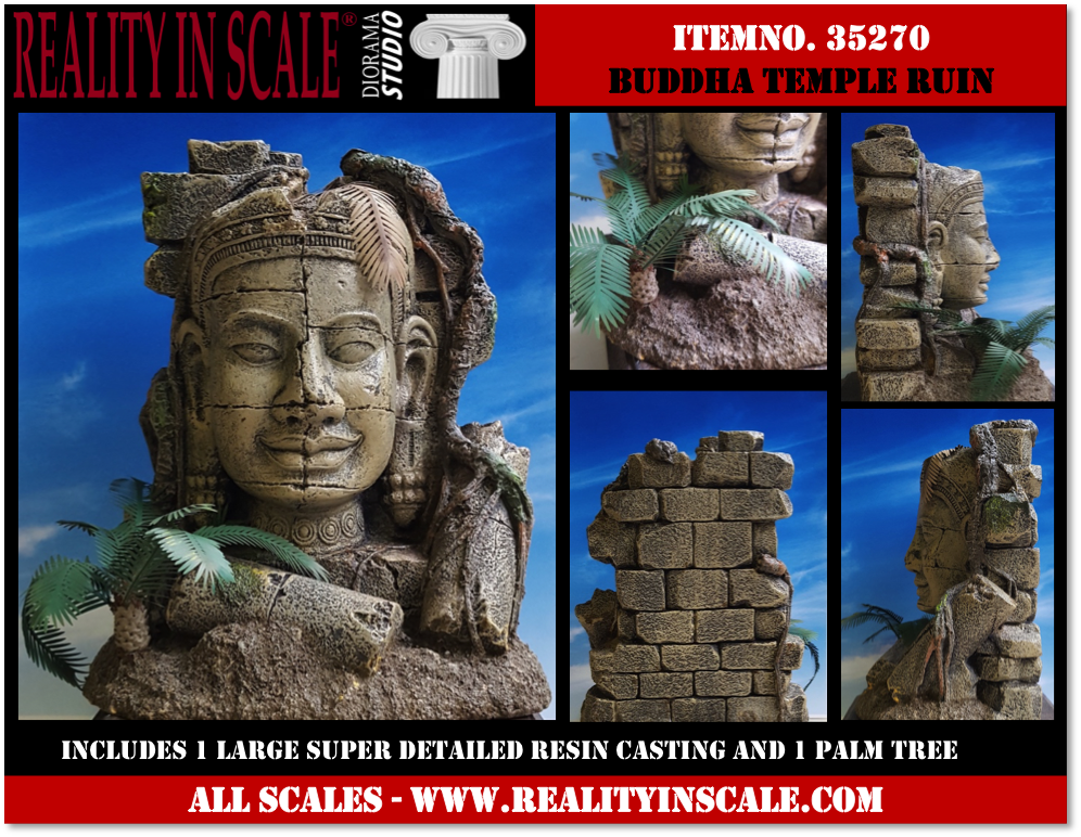 Reality in Scale Ruined Buddha Temple - large single casting. Incl.a small ground palm tree